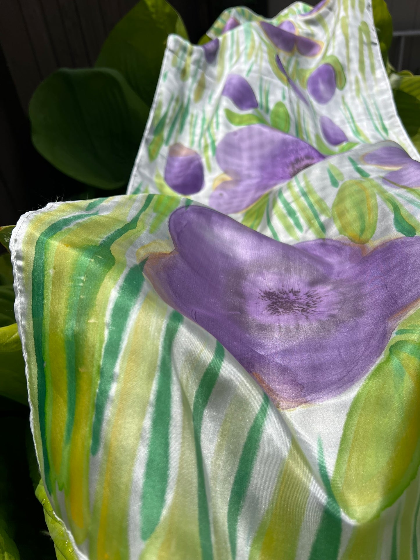 Hand-Painted Pure Silk Scarf – Purple Floral  | Luxury Handmade Silk Wrap | Wearable Art Gift for Women- Purple Bloom 21" x72"