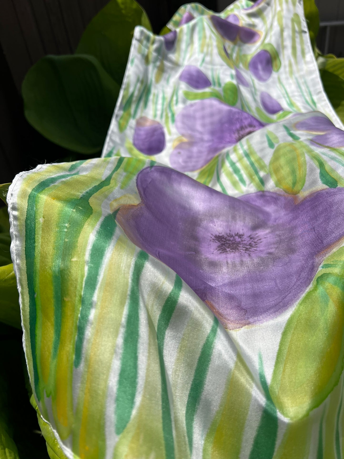 Hand-Painted Pure Silk Scarf – Purple Floral  | Luxury Handmade Silk Wrap | Wearable Art Gift for Women- Purple Bloom 21" x72"