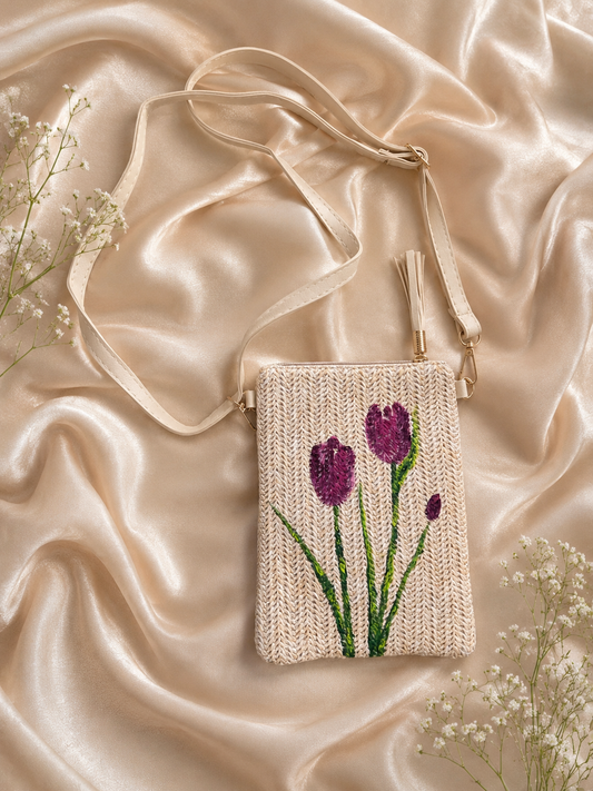 Hand-Painted Tulips Single Color Straw Crossbody Bag