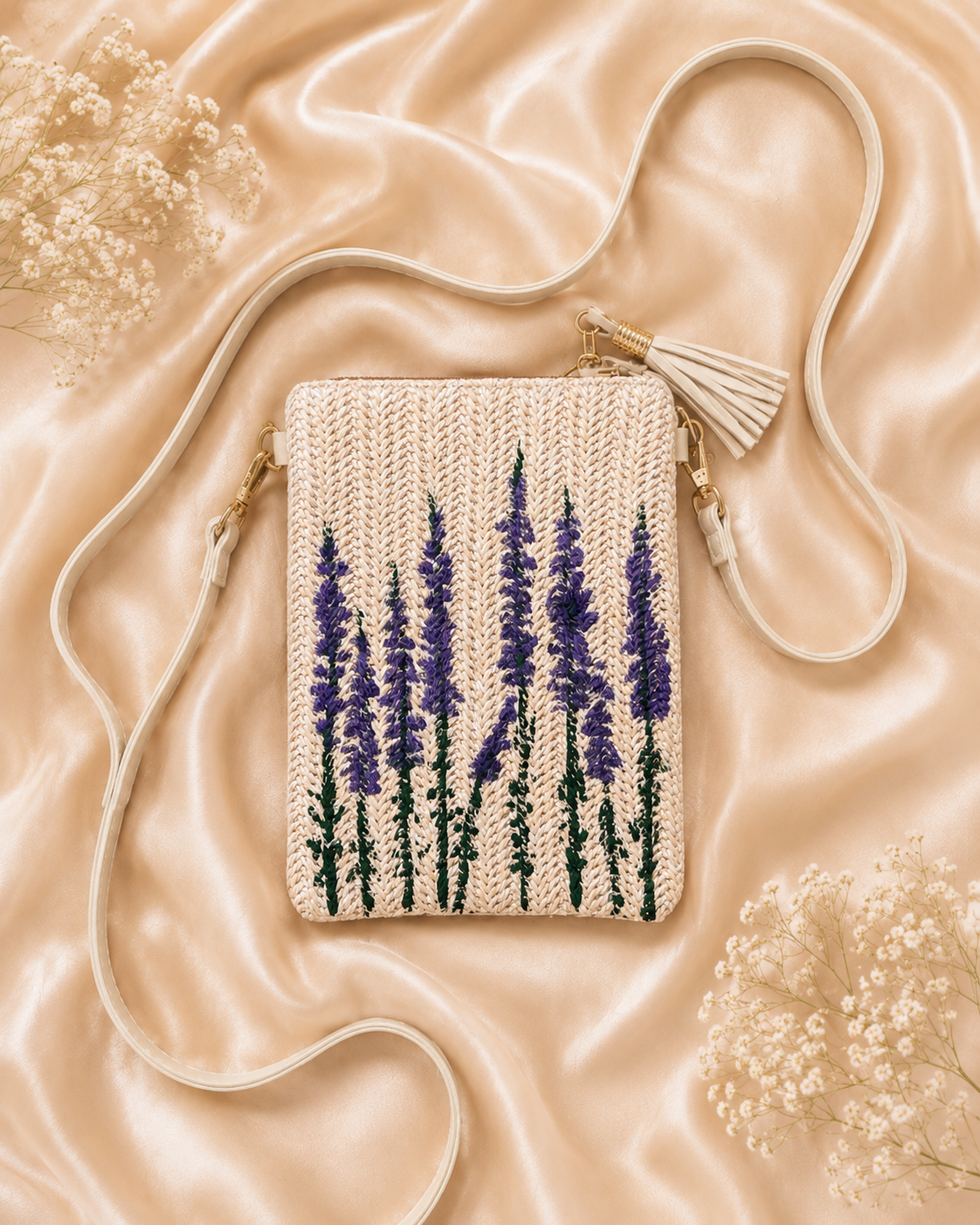 Hand-painted Lavender straw crossbody bag flat lay on silk fabric