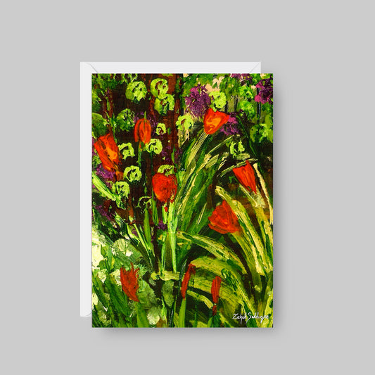 GREETING CARD Printed from Original Acrylic Painting "Tulip Secrets"  Blank Inside,5"X7"