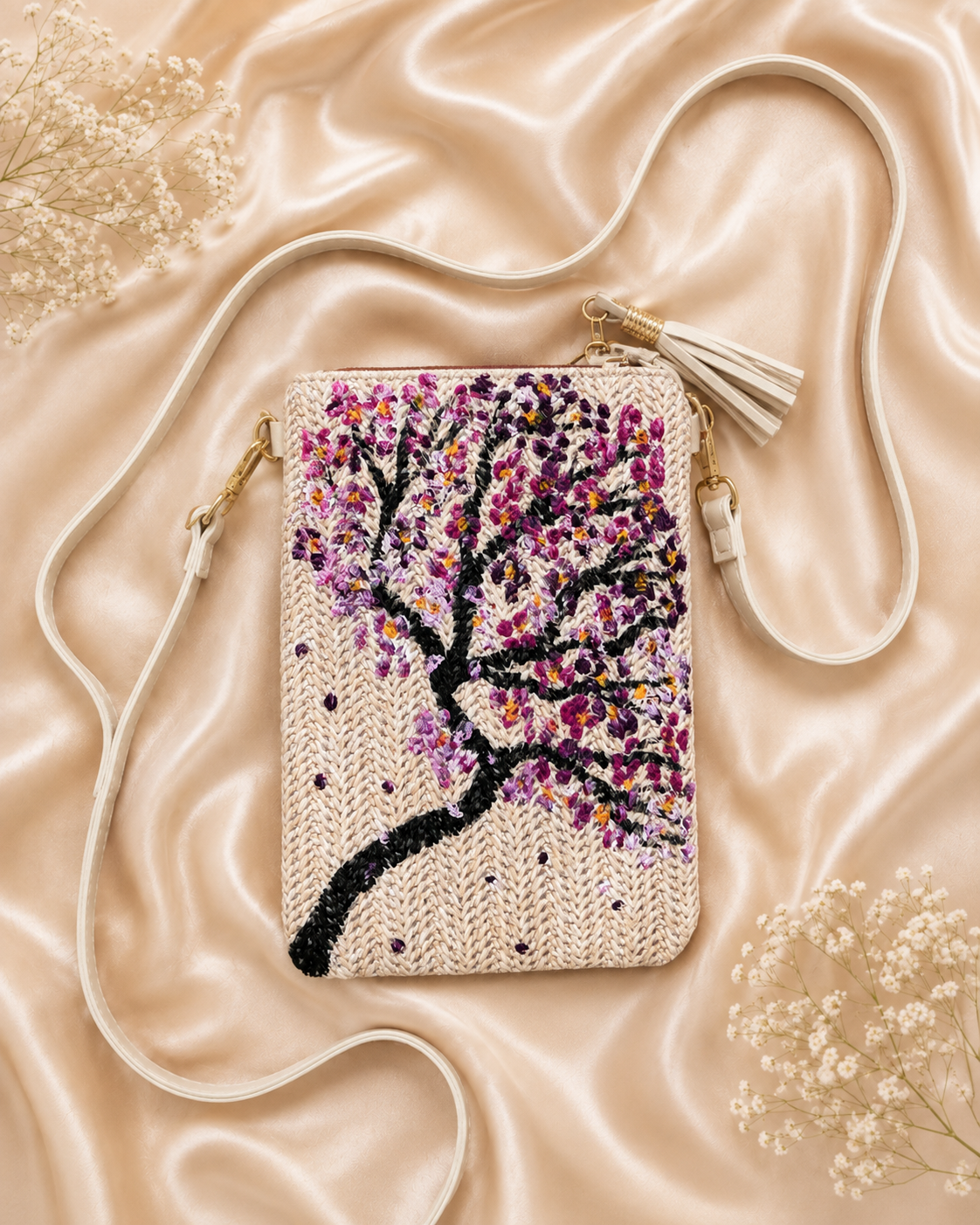 Hand-painted Cherry Blossom straw crossbody bag flat lay on silk fabric